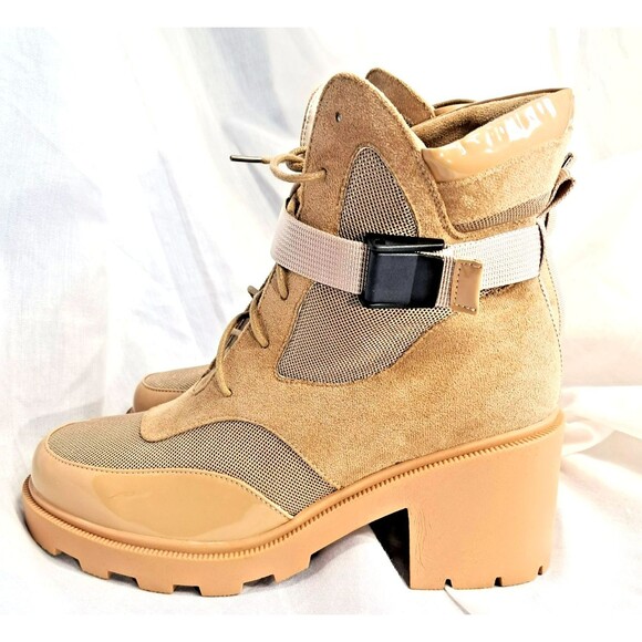 Vivianly Women's Suede Patent Leather Chunky Combat Boots Tactical Tan SIze 8 - Picture 5 of 13